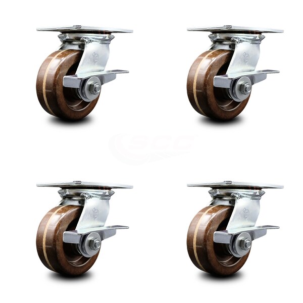 5 Inch Heavy Duty High Temp Phenolic Caster Set with Roller Bearings and Brakes